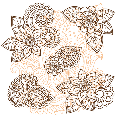 Set of Mehndi flower pattern for Henna drawing and tattoo. Decoration in ethnic oriental, Indian style.のイラスト素材