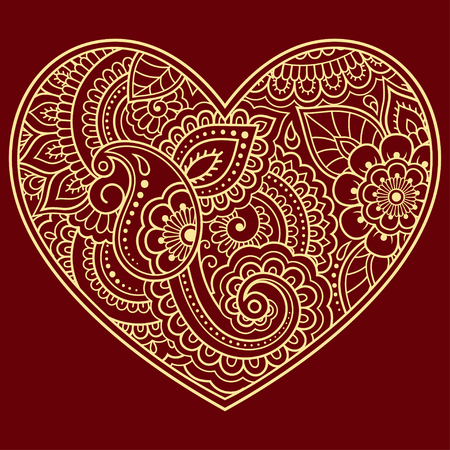 Stylized for mehndi flower colored pattern in form of heart. Decoration in ethnic oriental, Indian style. Valentine's day greetings.のイラスト素材