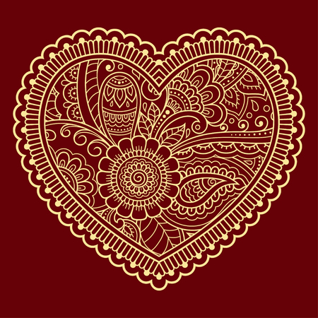 Stylized for mehndi flower colored pattern in form of heart. Decoration in ethnic oriental, Indian style. Valentine's day greetings.のイラスト素材