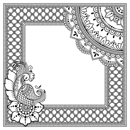 Stylized with henna tattoos decorative pattern for decorating covers book, notebook, casket, postcard and folder. Mandala, flower, peacock and border in mehndi style. Frame in the eastern tradition.のイラスト素材