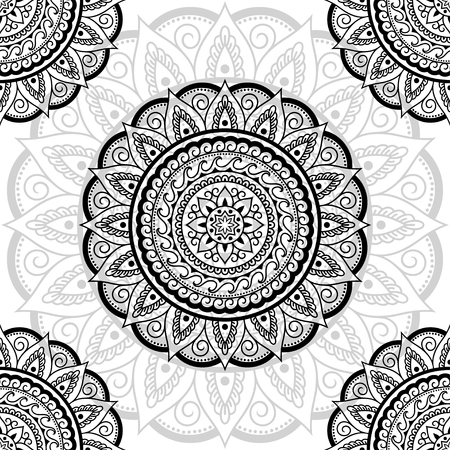 Seamless decorative ornament in ethnic oriental style. Circular pattern in form of mandala for Henna, Mehndi, tattoo, decoration.のイラスト素材