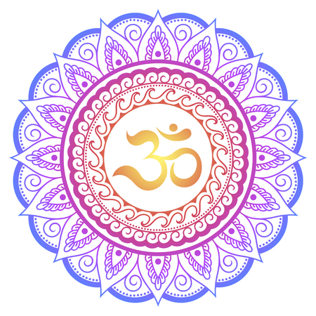 Color Circular pattern in form of mandala with ancient Hindu mantra OM and lotus flower for Henna, Mehndi, tattoo, decoration. Decorative ornament in oriental style.のイラスト素材