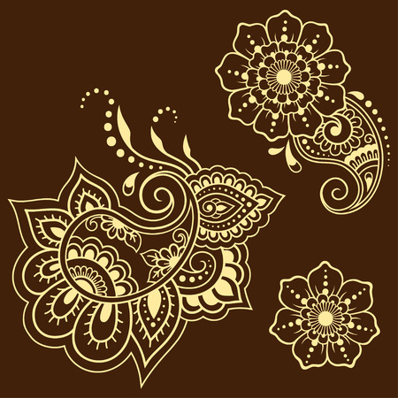 Set of Mehndi flower pattern for Henna drawing and tattoo. Decoration in ethnic oriental, Indian style.のイラスト素材