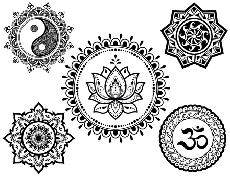 Set of circular patterns in form of Mandala with religious symbols. Oriental signs OM, Yin-Yang, lotus flower, sun for Henna, Mehndi, tattoo, decoration. Decorative ornament in ethnic style.のイラスト素材