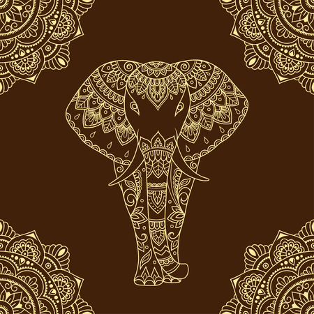 Seamless decorative ornament in ethnic oriental style. Circular pattern in form of mandala and African elephant for Henna, Mehndi, tattoo, decoration.のイラスト素材
