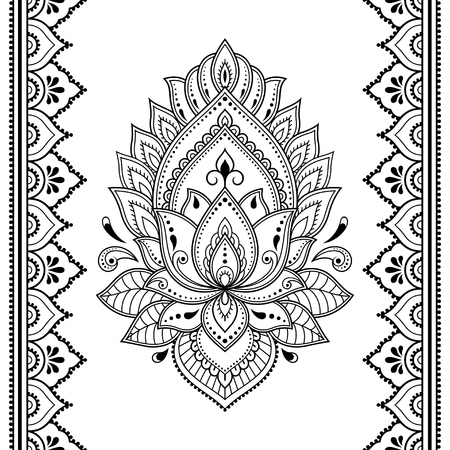 Set of Mehndi lotus flower pattern and seamless border for Henna drawing and tattoo. Decoration in oriental, Indian style.のイラスト素材