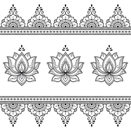 Set of Mehndi lotus flower pattern and seamless border for Henna drawing and tattoo. Decoration in oriental, Indian style.のイラスト素材
