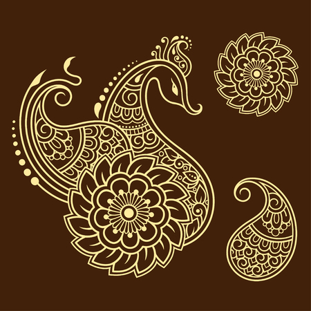 Set of Mehndi flower pattern and peacock for Henna drawing and tattoo. Decoration in ethnic oriental, Indian style.のイラスト素材
