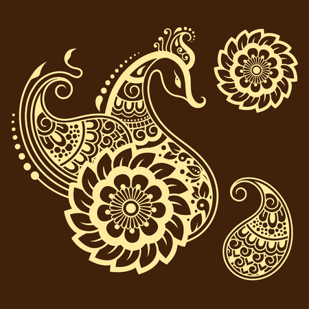 Set of Mehndi flower pattern and peacock for Henna drawing and tattoo. Decoration in ethnic oriental, Indian style.のイラスト素材