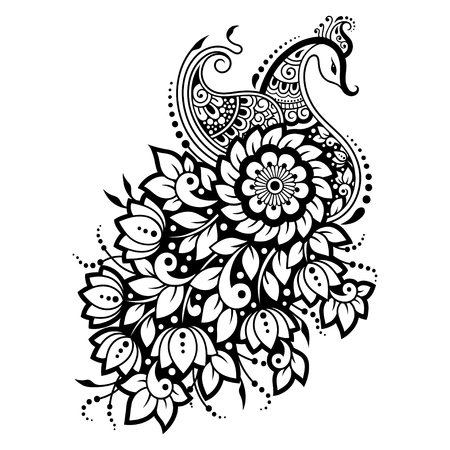 Mehndi flower pattern with peacock for Henna drawing and tattoo. Decoration in ethnic oriental, Indian style.のイラスト素材