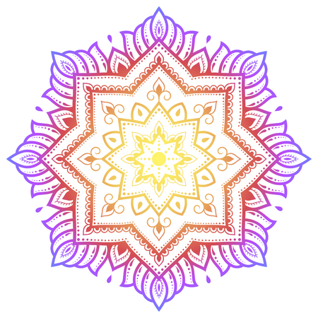 Circular pattern in form of mandala with flower for Henna, Mehndi, tattoo, decoration. Decorative ornament in ethnic oriental style. Rainbow design on white background.のイラスト素材