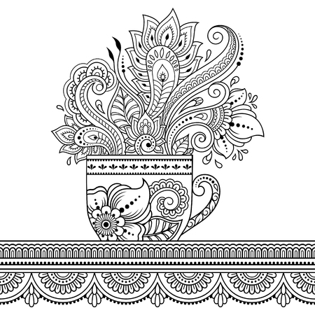 Stylized with henna tattoos decorative pattern in form of cup of coffee for decorating covers for book, notebook, casket and magazine. Flower in mehndi style in eastern tradition. Coloring book page.のイラスト素材