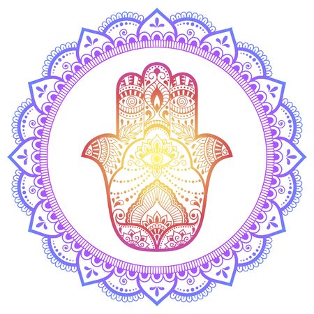 Color Circular pattern in form of mandala with ancient hand drawn symbol Hamsa for decoration....