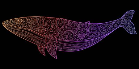 Whale is a marine mammal made a floral pattern with Oriental ornaments. Hand drawn decorative animal in Doodle style. Stylized decoration of mehndi for tattoos, stamps, covers, and books.のイラスト素材