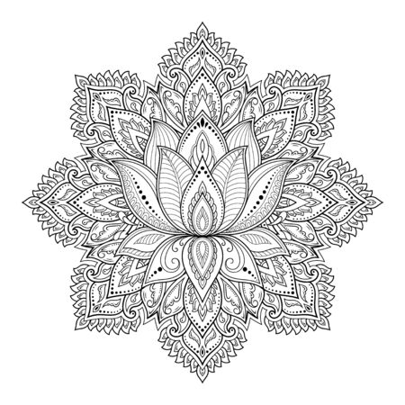 Circular pattern in form of mandala with lotus flower for Henna, Mehndi, tattoo, decoration. Decorative ornament in ethnic oriental style. Outline doodle hand draw vector illustration.のイラスト素材