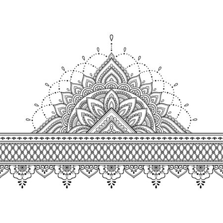 Seamless borders with mandala for design, application of henna, Mehndi and tattoo. Decorative pattern in ethnic oriental, Indian style. Doodle ornament. Outline hand draw vector illustration.のイラスト素材