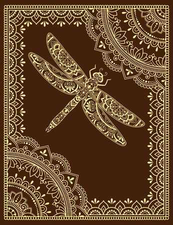 Stylized with henna tattoos decorative pattern for decorating covers book, notebook, casket, postcard and folder. Mandala, flower, dragonfly and border in mehndi style. Frame in the eastern tradition.のイラスト素材