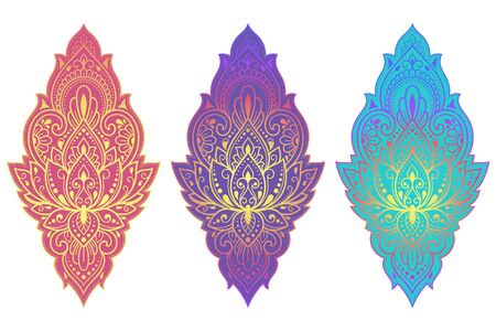 Set of colorful floral pattern for Mehndi and Henna drawing. Hand-draw lotus symbol. Decoration in ethnic oriental, Indian style. Color design on black background.のイラスト素材