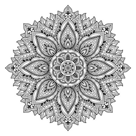 Circular pattern in form of mandala with flower for Henna, Mehndi, tattoo, decoration. Decorative ornament in ethnic oriental style. Outline doodle hand draw vector illustration.のイラスト素材