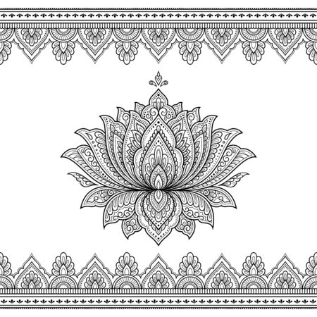 Seamless pattern of mehndi lotus flower and border for Henna drawing and tattoo. Decorative doodle ornament in ethnic oriental, Indian style. Outline hand draw vector illustration.のイラスト素材