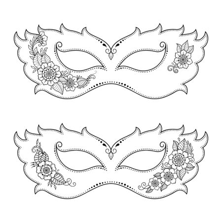 Set of beautiful festival masks for celebrating Halloween, New year, Brazilian or Venetian carnival, Mardi Gras or a party. Elements of women's holiday costume. Isolated outline with floral pattern.のイラスト素材