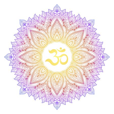 Color Circular pattern in form of mandala with ancient Hindu mantra OM and lotus flower for Henna, Mehndi, decoration. Decorative ornament in oriental style. Rainbow design on white background.のイラスト素材