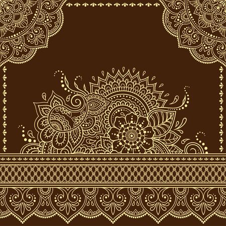 Stylized with henna tattoo decorative pattern for decorating covers book, notebook, casket, postcard and folder. Mandala, flower and border in mehndi style. Frame in the eastern tradition.のイラスト素材