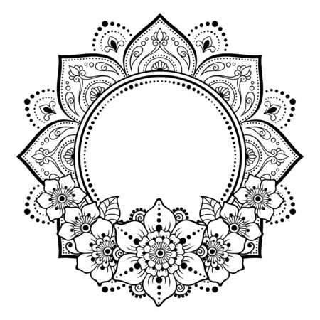 Frame in eastern tradition. Stylized with henna tattoos decorative pattern for decorating covers for book, notebook, casket, magazine, postcard and folder. Flower mandala in mehndi style.のイラスト素材