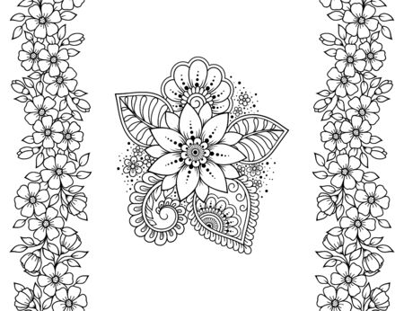 Seamless pattern of mehndi flower and border for Henna drawing and tattoo. Decorative doodle ornament in ethnic oriental, Indian style. Outline hand draw vector illustration.のイラスト素材