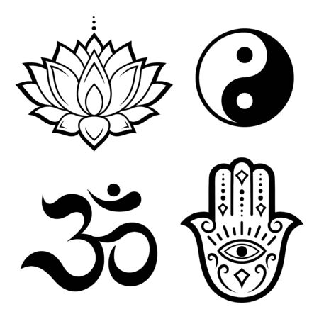 Set of Hamsa hand drawn symbol, lotus flower, Yin-Yang and OM sigils. Decorative pattern in oriental style for interior decoration and henna drawings. The ancient sign of "Hand of Fatima".のイラスト素材