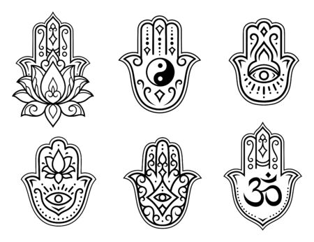 Set of Hamsa hand drawn symbol, lotus flower, Yin-Yang and OM sigils. Decorative pattern in oriental style for interior decoration and henna drawings. The ancient sign of "Hand of Fatima".のイラスト素材