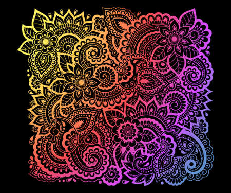 Colorful floral pattern for Mehndi and Henna drawing. Hand-draw ornament. Decoration in ethnic oriental, Indian style. Rainbow design on black background.のイラスト素材