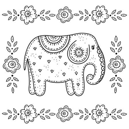 Funny cartoon children's coloring book. Elephant surrounded by flowers. Children's drawing in the Scandinavian style. Folk art.のイラスト素材