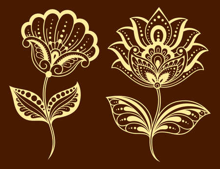 Set of Mehndi flower pattern for Henna drawing and tattoo. Decoration in ethnic oriental, Indian style. Doodle ornament. Outline hand draw  illustration.のイラスト素材