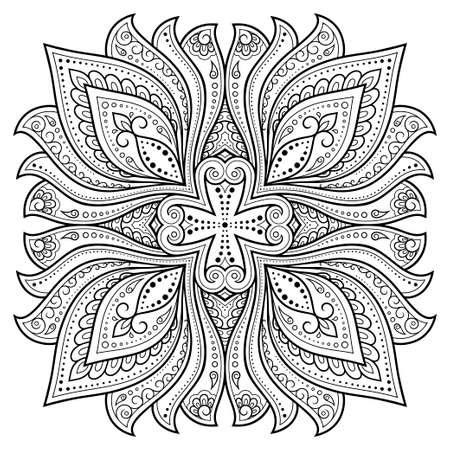 Circular pattern in form of mandala with flower for Henna, Mehndi, tattoo, decoration. Decorative ornament in ethnic oriental style. Outline doodle hand draw vector illustration.のイラスト素材