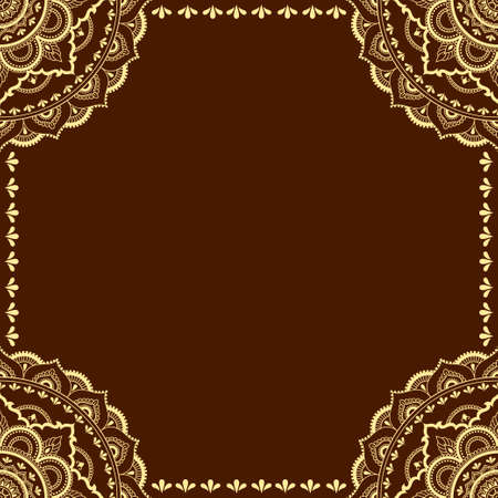 Frame in eastern tradition. Stylized with henna tattoos decorative pattern for decorating covers for book, notebook, casket, magazine, postcard and folder. Flower mandala in mehndi style.のイラスト素材