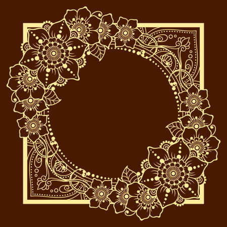 Frame in eastern tradition. Stylized with henna tattoos decorative pattern for decorating covers for book, notebook, casket, magazine, postcard and folder. Flower mandala in mehndi style.のイラスト素材