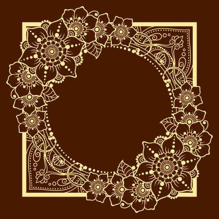 Frame in eastern tradition. Stylized with henna tattoos decorative pattern for decorating covers for book, notebook, casket, magazine, postcard and folder. Flower mandala in mehndi style.のイラスト素材