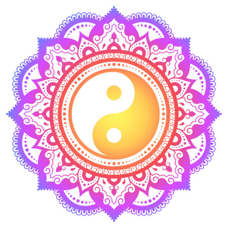 Color Circular pattern in form of mandala with ancient hand drawn symbol Yin-yang for decoration. Decorative ornament in oriental style. Rainbow design on white background.のイラスト素材