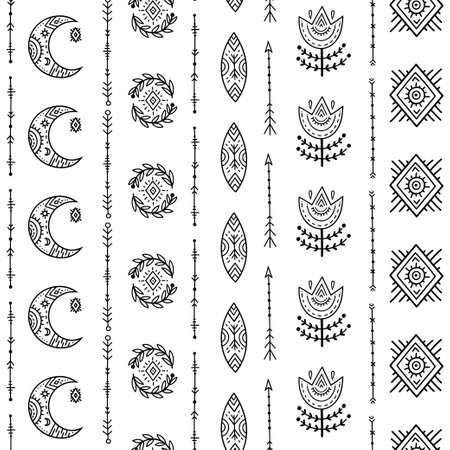 Seamless pattern in Scandinavian folk style. Flowers, arrows, moon and other decorative elements in the form of children's drawings for backgrounds, fabrics, wrapping paper.のイラスト素材