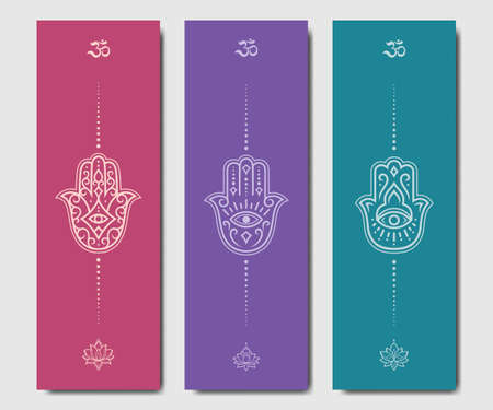 Set of design yoga mats. Lotus floral pattern, OM and Hamsa in oriental style for decoration sport equipment. Colorful ethnic Indian ornaments for spiritual serenity.のイラスト素材