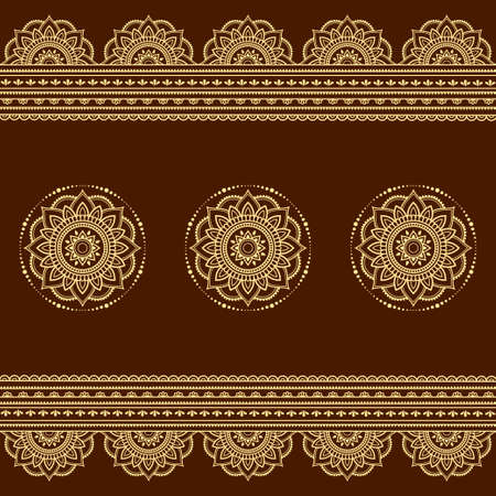 Set of Seamless borders pattern for Mehndi, Henna drawing and tattoo. Decoration in ethnic oriental, Indian style. Doodle ornament. Outline hand draw vector illustration.のイラスト素材