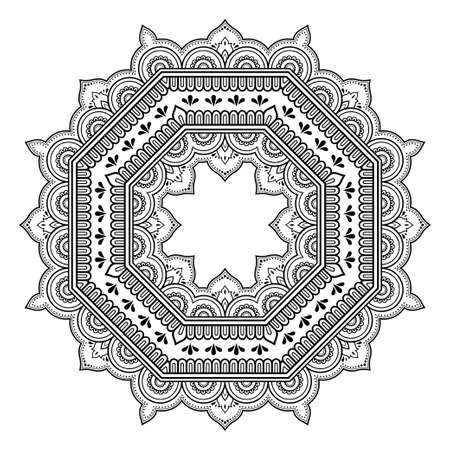 Circular pattern in form of mandala with flower for Henna, Mehndi, tattoo, decoration. Decorative ornament in ethnic oriental style. Outline doodle hand draw vector illustration.のイラスト素材
