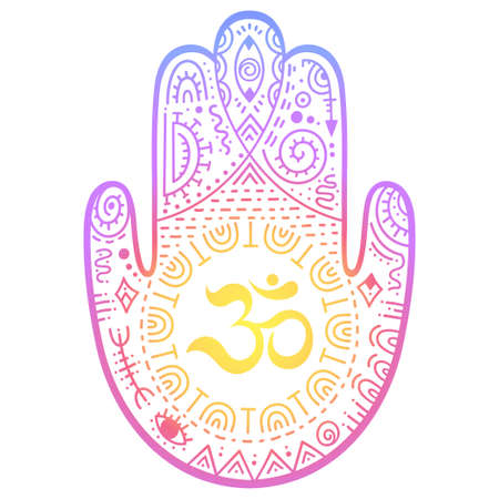 Colorful Hamsa hand drawn symbol with OM. Decorative pattern in oriental style for interior decoration and henna drawings. The ancient sign of "Hand of Fatima". Rainbow design on white background.のイラスト素材
