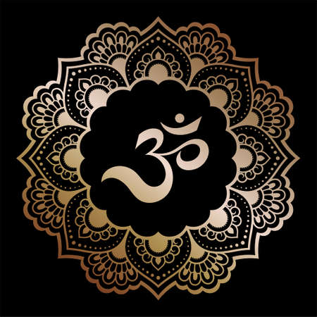 Circular pattern in form of mandala with flower for Henna, Mehndi, tattoo, decoration. Decorative ornament in oriental style with ancient Hindu symbol mantra OM. Gold design on black background.のイラスト素材