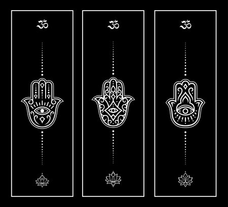 Set of design yoga mats. Lotus floral pattern, OM and Hamsa in oriental style for decoration sport equipment. White ethnic Indian ornaments for coloring on black. Decor of card, poster, print.のイラスト素材