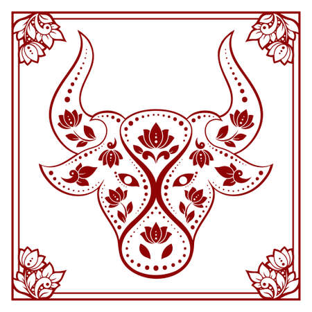 The symbol of the coming year 2021 is a white bull decorated with traditional Oriental floral patterns. Red decorative decoration in Asian style on a white background.のイラスト素材