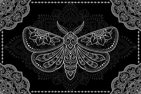 Stylized with henna tattoos decorative pattern for decorating covers book, notebook, casket, postcard and folder. Mandala, flower, moth and border in mehndi style. Frame in the eastern tradition.のイラスト素材