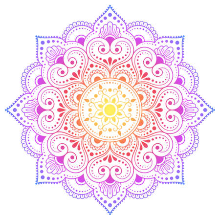 Circular pattern in form of mandala with flower for Henna, Mehndi, tattoo, decoration. Decorative ornament in ethnic oriental style. Rainbow design on white background.のイラスト素材