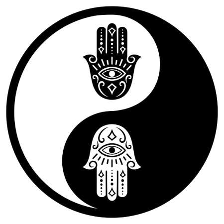 Circular pattern in form of mandala for Henna, Mehndi, tattoo, decoration. Decorative ornament in ethnic oriental style with Yin-yang symbol and Hamsa. Outline doodle vector illustration.のイラスト素材